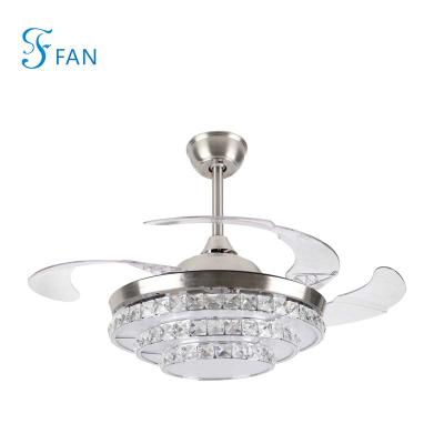 China Contemporary Modern Decorative Abanico Retractil Restaurant Ceiling Fan with Retractable Blades in Bedroom Use Chandelier with Crystal Ce for sale