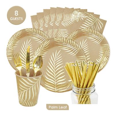 China Disposable Ins Fashion Gold Palm Leaf Plates Cups Hats Tableware Set Disposable Print Palm Tableware For Party Supplies for sale