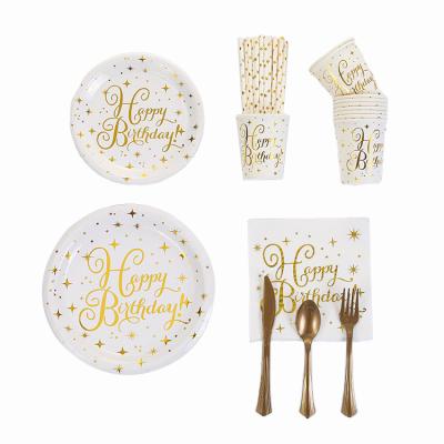 China Disposable Amazon Hot Sale White Gold Plates Cups Napkins Tableware Set Happy Birthday Disposable Tableware For Birthday Party Supplies for sale