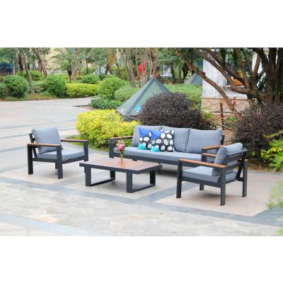 China Luxury Hotel Teak Wood Sofa Lounge Outdoor Aluminum Sofa Set Modern High End Garden Furniture for sale