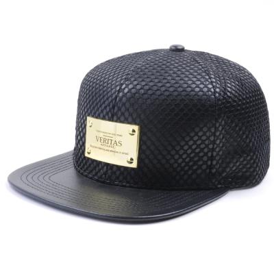 China JOINT Wholesale Custom Black Mesh Snapback Leather Hat With Metal Plate for sale