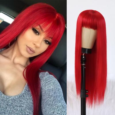 China Red Color Long Silky Straight Wigs With Bangs Synthetic No Lace Wig For Fashion Women for sale