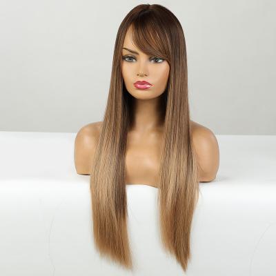 China Synthetic Straight Light Brown Blonde Gold Wigs Mix Side Bangs For Women Synthetic Hair Wigs With Highlights for sale