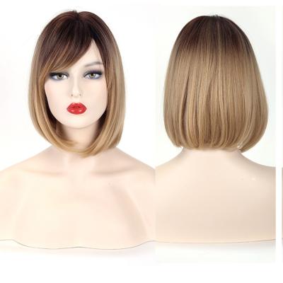 China Hot Selling Straight Realistic Fluffy Golden Blonde Straight Bob Wigs With Synthetic Short Ombre Bangs for sale