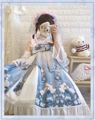 China Polyester Crane Print Lolita Long Sleeve Lace Up Dress Teens Girls Soft Cute Ruffles A Line Princess Party Dresses for sale