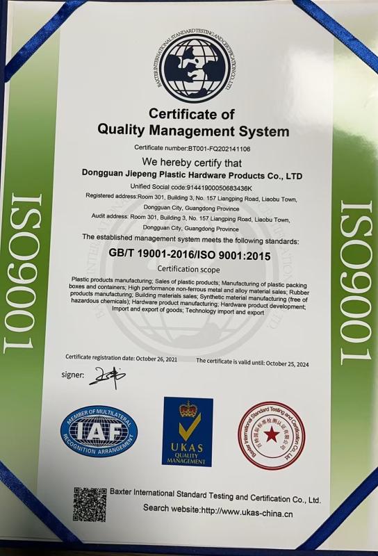 ISO9001 - Dongguan Jiepeng Plastic Hardware Products Co., Ltd.