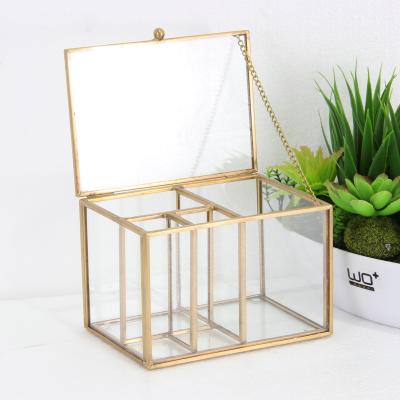 China Glass Dressing Table Storage Jewelry Box Container Organizer With Metal Frame Gold And Polish Finishing for sale