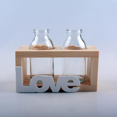 China European Creative Small Hydroponic Plant Vase Wooden Frame Clear Glass Vase for sale