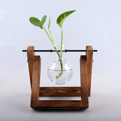 China European Creative Small Hydroponic Plant Vase Wooden Frame Clear Glass Vase for sale