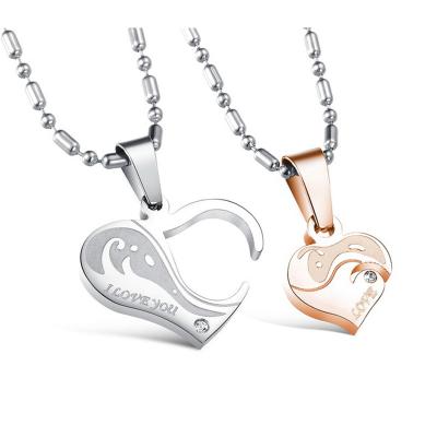 China Trendy High Quality Jewelry Mens Fashion Stainless Steel 2 In 1 Couples Heart Pendant Necklace for sale