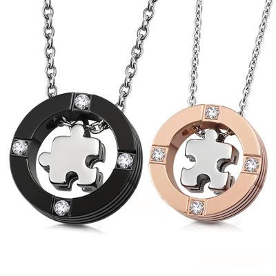 China High Quality Stainless Steel Crystal Jigsaw Puzzle Pendant Trendy Fashion Couple Necklace for sale