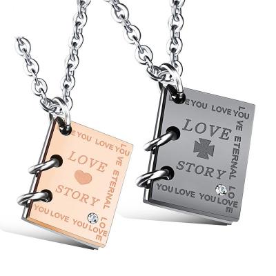 China Wholesale New Design FASHIONABLE Couple Matching Stainless Steel Book Shape Pendant LoveStory Couple Necklace for sale