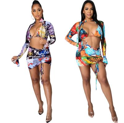 China 2021 New Arrivals Designer QUICK DRY Clothes Famous Brands Fashion QUICK DRY Personality Printed Bikini Shorts Vest Bra 2 4 Piece Set Bandage Vest for sale