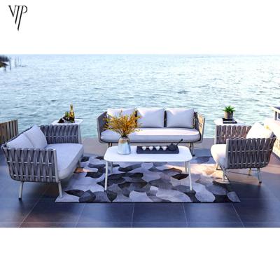 China Modern Design Popular UV-Resistant Wicker Chair 4 Piece Sofa Set Outdoor Furniture Patio Rattan With Glasstop Table Garden Rope Furniture for sale