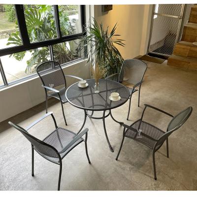 China Eco-Friendly\UV Resistant\Water Proof\Professional OEM Factory Weather Resistant Hot Sale 5 Pieces Metal Patio Door Waterproof Furniture Round Wrought Iron Table Cafe Dining Set for sale