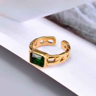 China FASHIONABLE Crystal Open Ring Fashion Emerald Square 14k Gold Plated Stainless Steel Retro Finger Ring For Women for sale