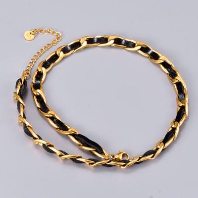 China Vintage Punk French 18K Gold Plated Chain Necklace Fashion Women Leather Stainless Steel Jewelry Necklace for sale