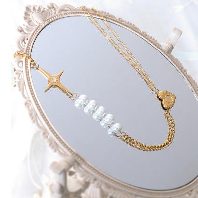 China Retro TRENDY French 18k Gold Plated Clavicle Chain Beads Necklace Jewelry Women Stainless Steel Stars Heart Necklace for sale