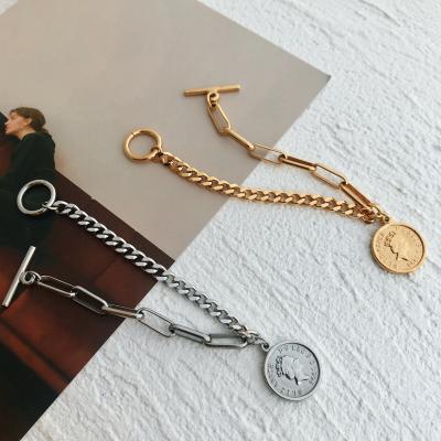 China FASHIONABLE French 18K Gold Plated Buckle Bracelet Coin Portrait Stainless Steel Charm T-Shaped Bracelet For Women for sale