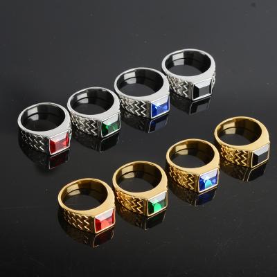 China Vintage Wrinkled Carved Stainless Steel Gemstone Ring Fashion Gold Plated Men's Agate Ring for sale