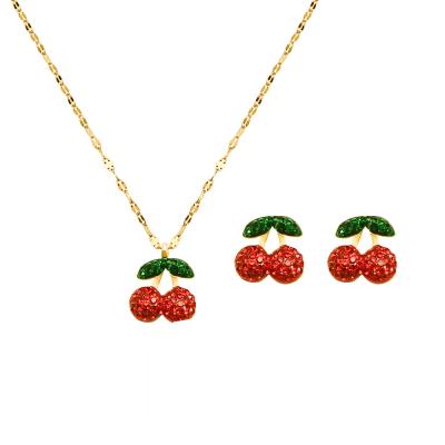 China Fashionable High Quality Cute Red Fruit Stud Earrings Stainless Steel Cherry Necklace Jewelry Set for sale