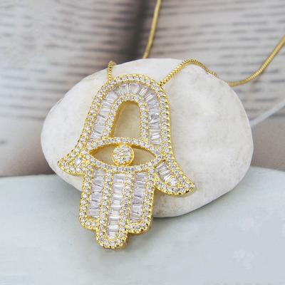 China FASHIONABLE Hot Selling Tasty 18k Gold Plated Copper Inlaid Turkish Zircon Evileye Hamsa Hand Necklace for sale