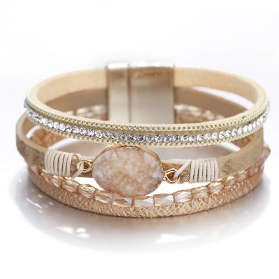 China FASHIONABLE Boho Personalized Crystal Magnet Clasp Bracelet Women Stack Druzy Leather Bracelet Set for sale