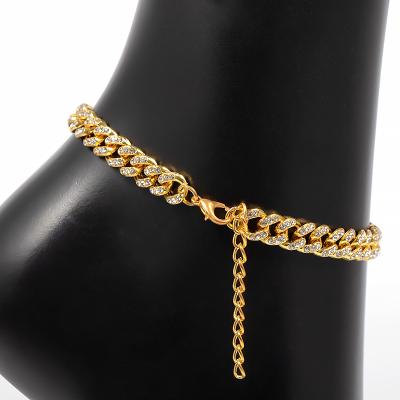 China Trendy Hiphop Adjustable 18k Gold Plated Rhinestone Anklets Shiny Crystal Cuban Link Anklet For Women for sale