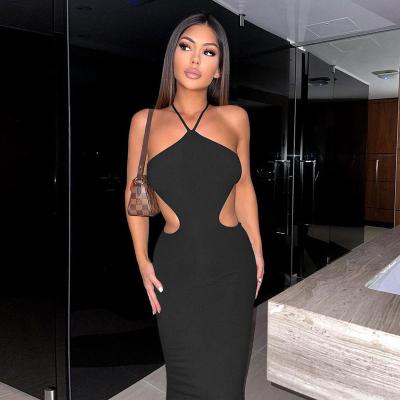 China Washable Halter Midi Dress Backless Sleeveless Bodycon Sexy Streetwear Party Elegant Club Dress for sale