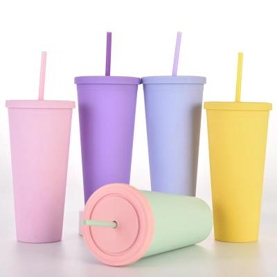 China Minimalist 22OZ Straight Lean Color Double Wall Tumblers Glued Matte Mug With Straw Lids for sale