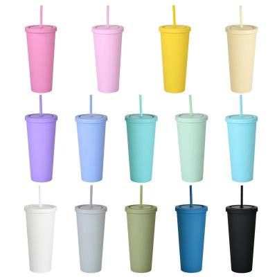 China Minimalist customer logo printing double wall matte plastic reusable tumblers cup with straw lids for sale