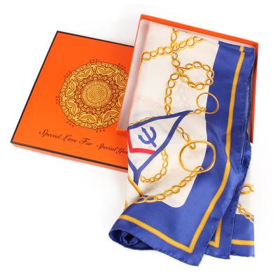 China Custom Dacheng Logo Digital Printed Women Shawl Gift Box Ladies Square Fit Silk Scarf for sale