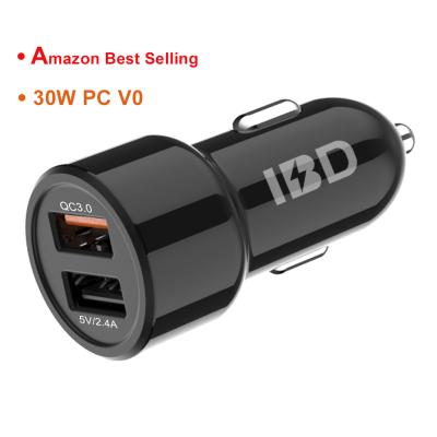 China Quick Charging 30W Mini Car Smart Charger Usb 3A Car QC 18W Dual USB Ports Car PC IBD Charger Dual USB Ports PC Fire Retardant Car Charger for sale