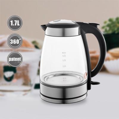 China 360 Degree Base 1.7liter Glass Body Cordless Wide Rotation Stainless Steel Kettle for sale