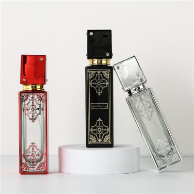 China 50ml Cosmetic Gift Packaging Plated Essential Oil Metallic Glass Bottle Spray Color Premium Perfume Bottle for sale