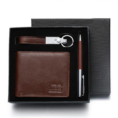 China Promotion Man Business Use Brown Wallet Key Chain And Metal Ballpoint Pen Set Gift for sale