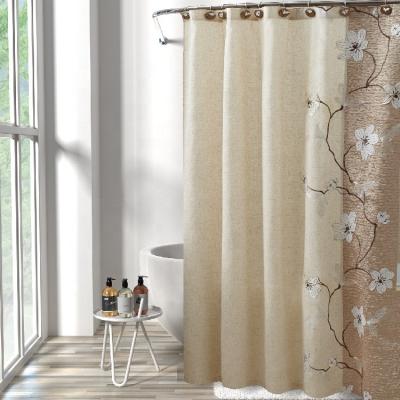 China Viable Ready To Ship Magnolia Floral Hand Feeling Applique Embroidery Linen Shower Curtain for sale