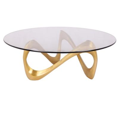 China Modern Luxury Copper Wire Drawing Tempered Glass Transparent Tea Table for sale