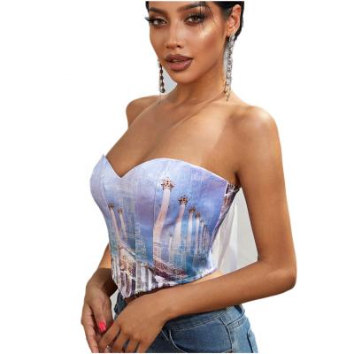 China Top Selling QUICK DRY! Parthenon Print In Lavender Satin Thick Ribbon Back Body Shaping Bustier Women Crop Top 2022 for sale