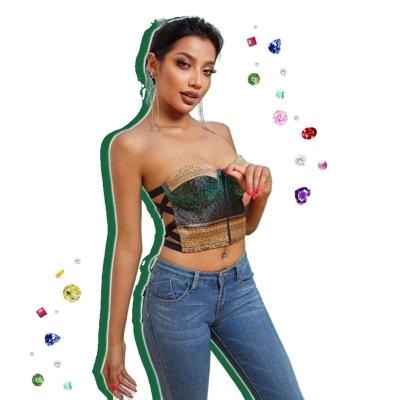 China SS22 Brand New Season SS22 Green Printed Firm Material Slim Fit Satin QUICK DRY Cavity Lift Up Zipper Front Crop Top Ladies Bra Tops for sale