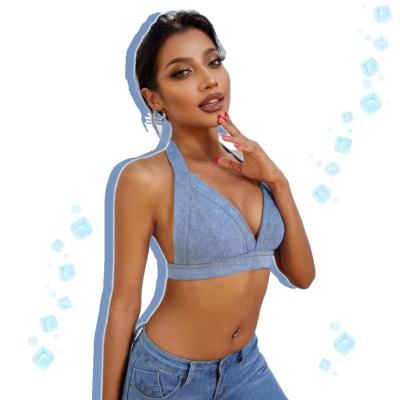 China Women's Summer Anti-pilling Denim Adjustable Halter Backless Light Full Buckle Bralete Top Sexy for sale