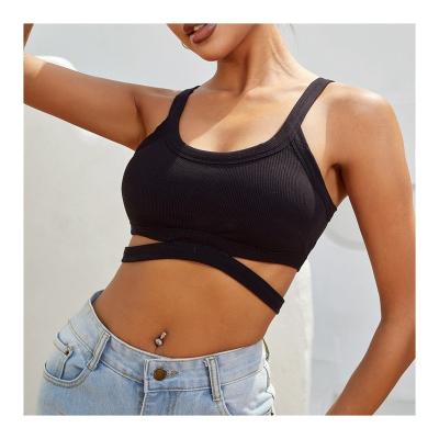 China Bestselling 2022 QUICK DRY Rib Knit Black Strap Comfy Padded Breathable Tank Cutout Cami Crop Top for sale