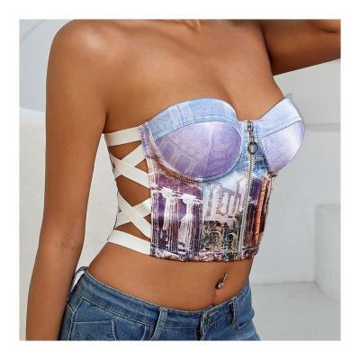 China Factory Hot Sale All Over QUICK DRY Over Front Zip Crop Top Bustier Parthenon Print Satin Crisscross Elastic Band Villain Apparel for sale