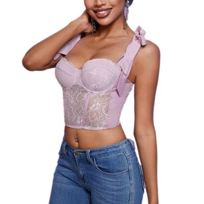 China QUICK DRY Hot Pink Floral Off Shoulder Cami Tops Factory Sale Lace Ribbon Strap Tie Tops For Women Bustier 2022 Summer Sexy Outfit for sale