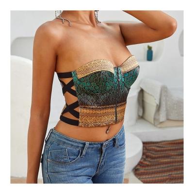 China Custom Factory Made QUICK DRY Tops All Over Gem Color Print Satin Crisscross Elastic Band Front Zip Crop Top For Women 2022 for sale