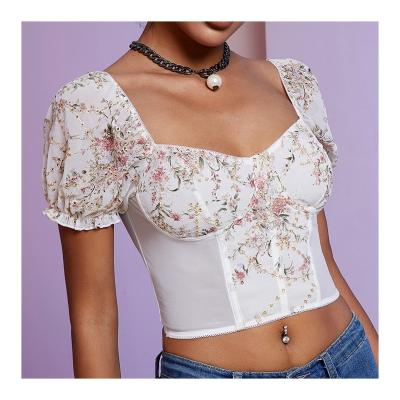 China QUICK DRY Customize Top Mesh Braletter Short Sleeve Puff Crop Two Way Flower Embroidery Chiffon Off Shoulder Summer Top Fashionable for sale