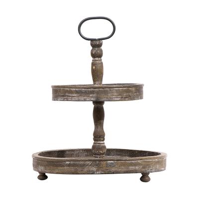 China Classic Antique Kitchen Living Room Home In The Round Storage Tray Brown Wood Two Tier Shelf With Metal Handles for sale