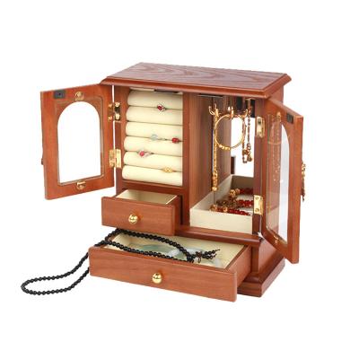 China Luxury Antique Design Necklace Solid Wood Earring Ring Jewelry Display Storage Case With Drawer for sale