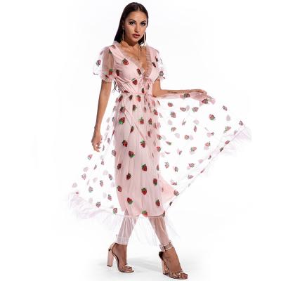 China 2022 Anti-wrinkle summer clothes new style women's sexy nightclub dress ladies loose pink short sleeves long V-neck dress for sale