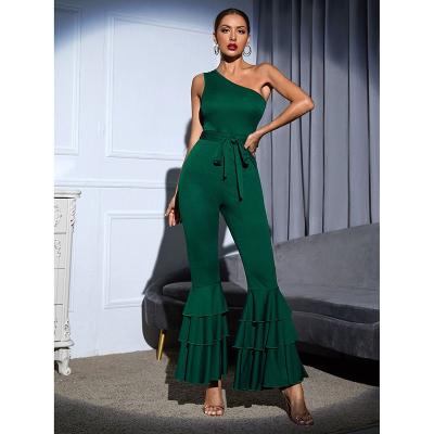 China Anti-pilling 2022 women boutique clothes fashionable elegant solid sexy one shoulder lace up womens wide leg jumpsuit 1Pc for sale